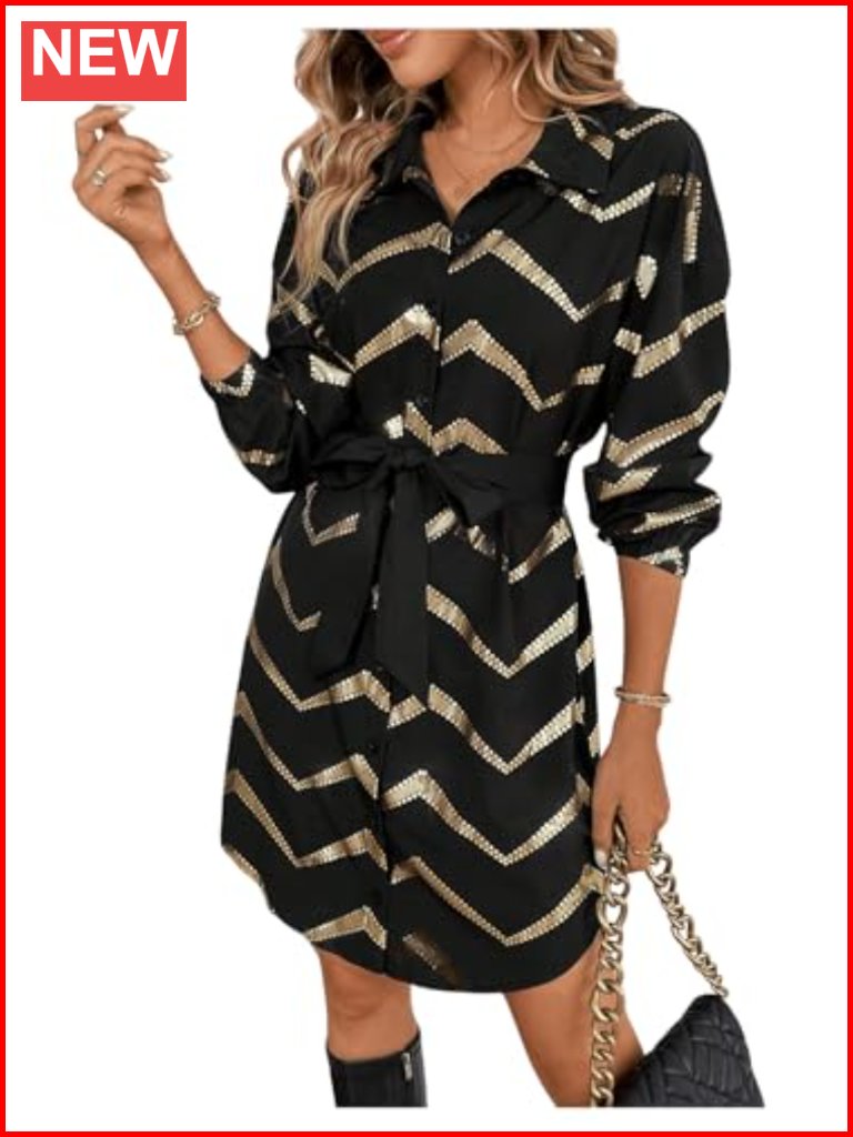 Metallic Gold Long Sleeve Collar Shirtdress Casual Party Outfit